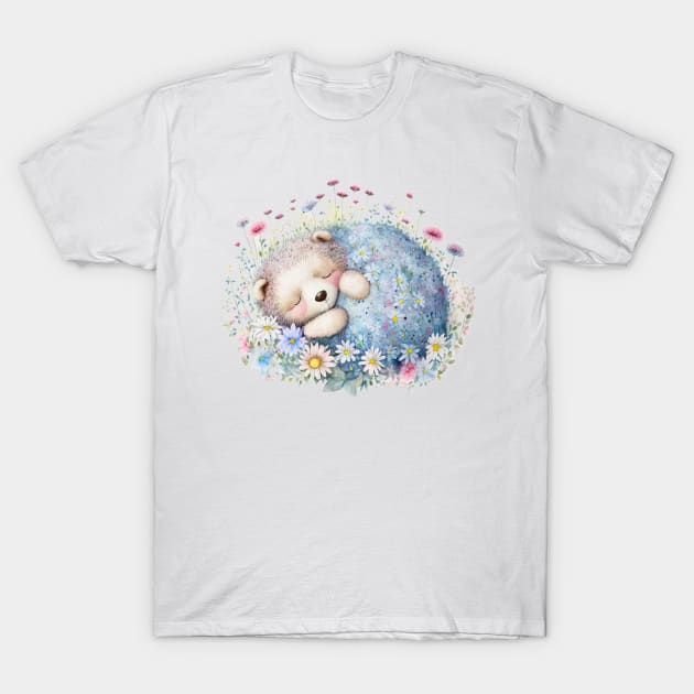 Bear cub sleeps in flowers T-Shirt by NATLEX